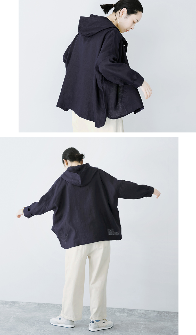 【TUTIE】＜別注＞リネン100％フーディーブルゾン ネイビー バックスタイル