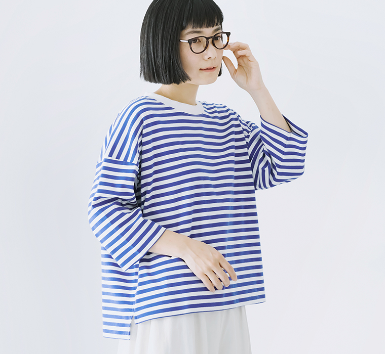 【&yam】7分袖ワイドプルオーバー ブルーボーダー 全身