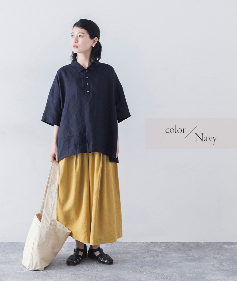 HEAVENLY　別注　カラーリネンポロ　ネイビーの着こなし
