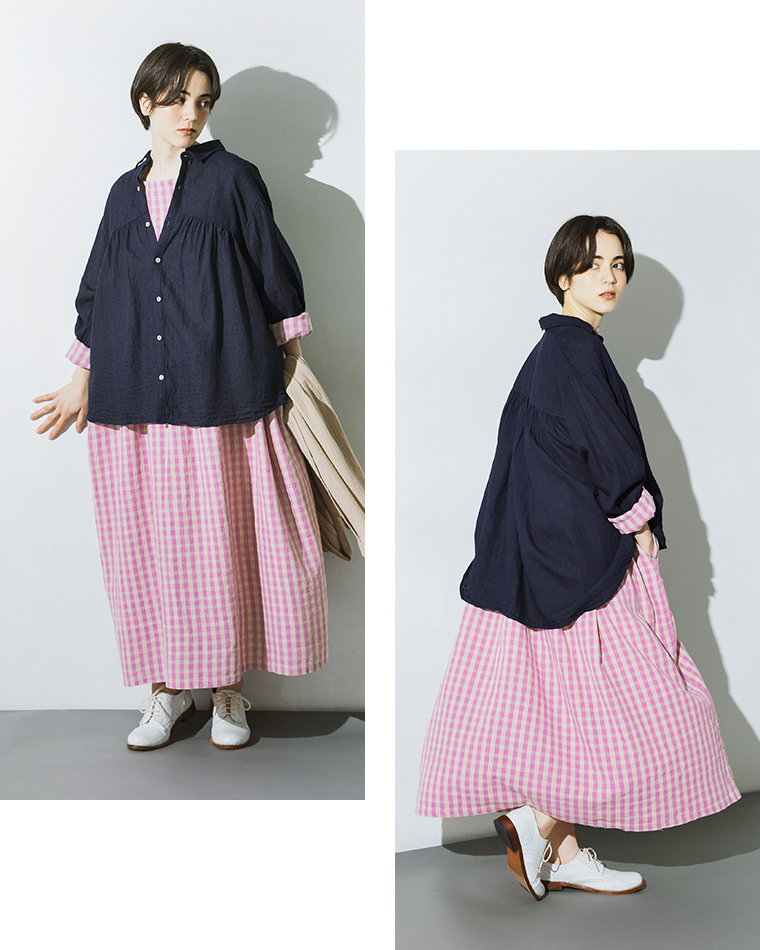 ICHI Antiquites リネンコットンギンガムウエスト切り替えギャザーワンピース(A・ピンク×ナチュラル)のシルエット