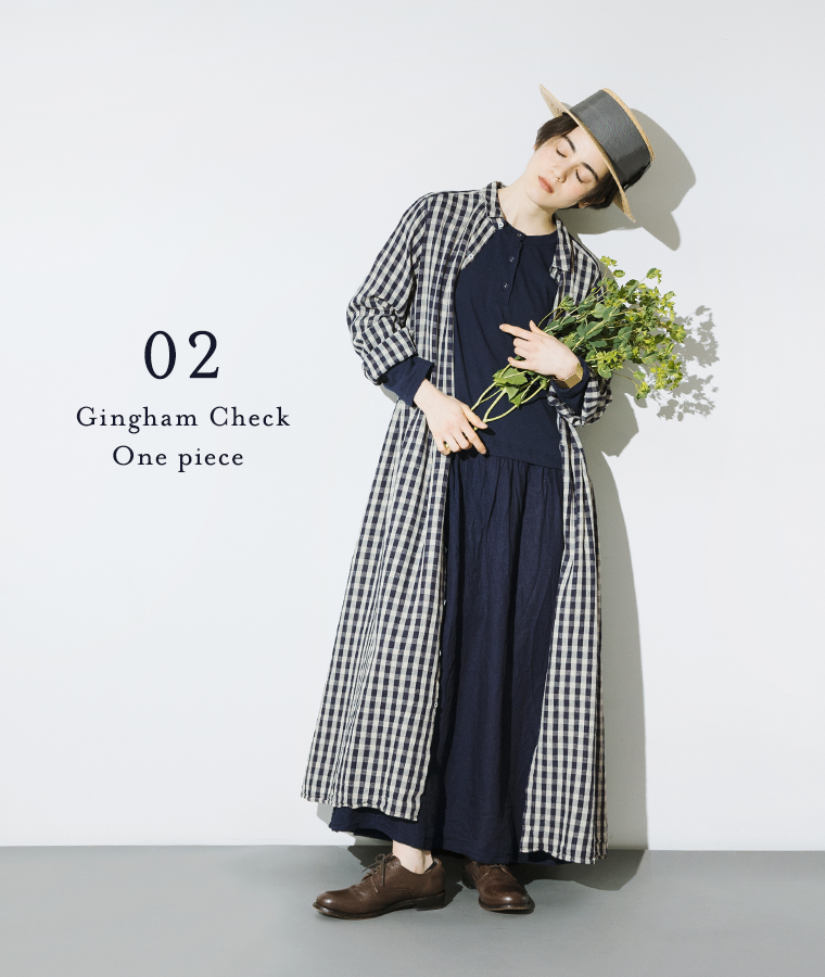 ICHI Antiquites リネンコットンギンガムシャツワンピース(B・インディゴ×ナチュラル)のコーディーネート