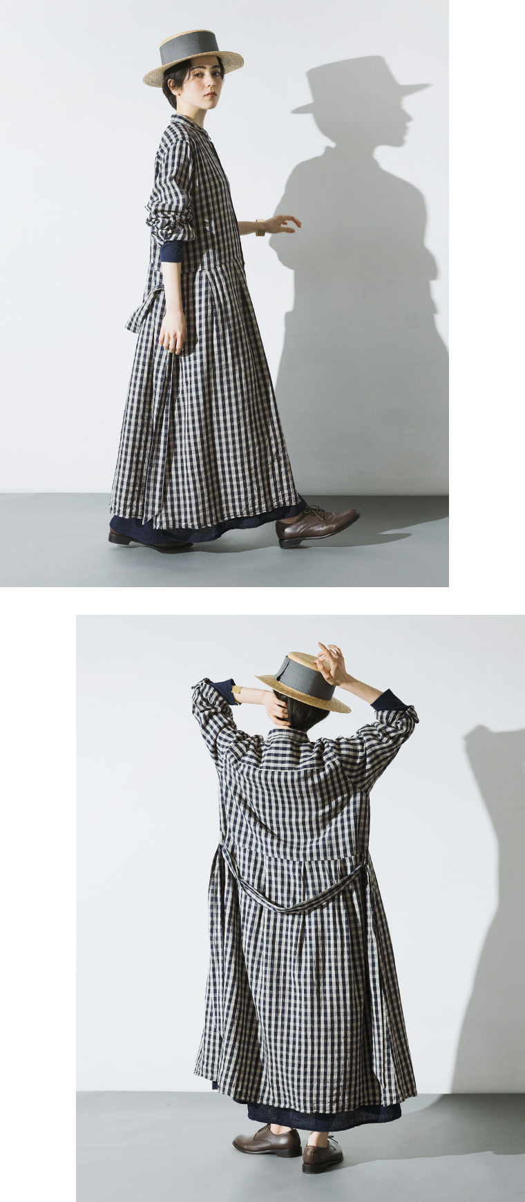 ICHI Antiquites リネンコットンギンガムシャツワンピース(B・インディゴ×ナチュラル)のウエストリボン