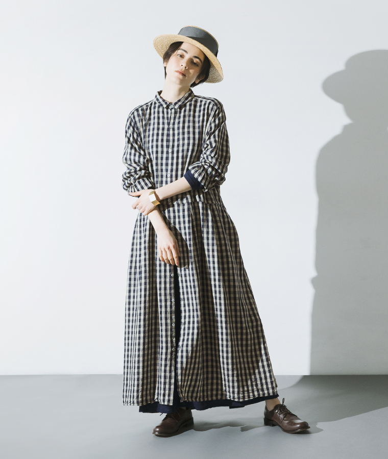 ICHI Antiquites リネンコットンギンガムシャツワンピース(B・インディゴ×ナチュラル)の着まわしアレンジ