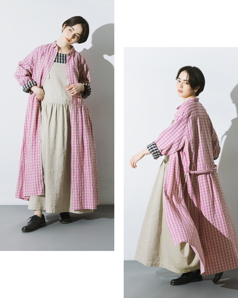 ICHI Antiquites リネンコットンギンガムシャツワンピース(A・ピンク×ナチュラル)のコーディーネート