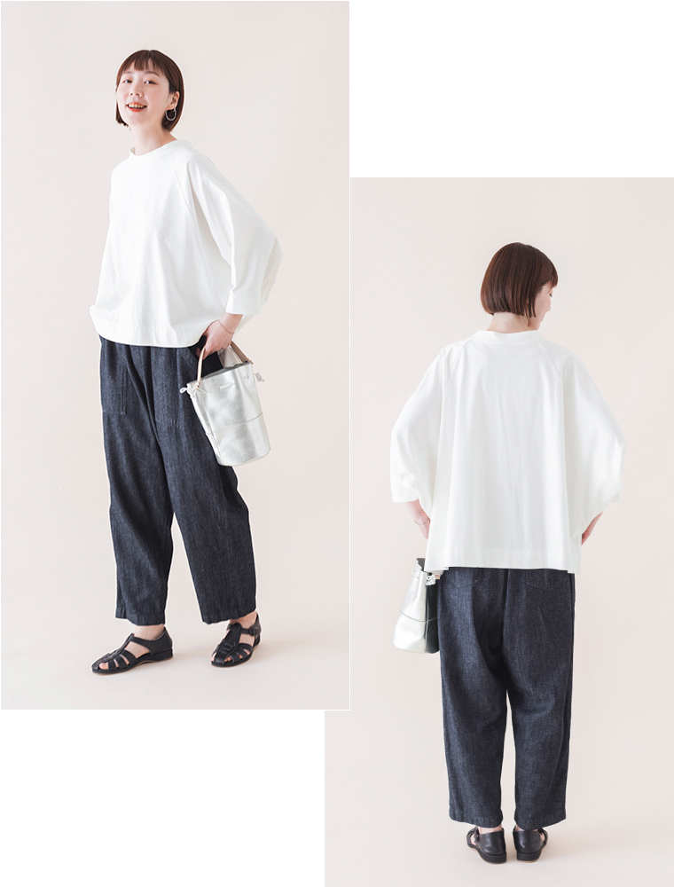 &yarn　ラグランワイドTシャツ(オフホワイト)　全身前、後ろ