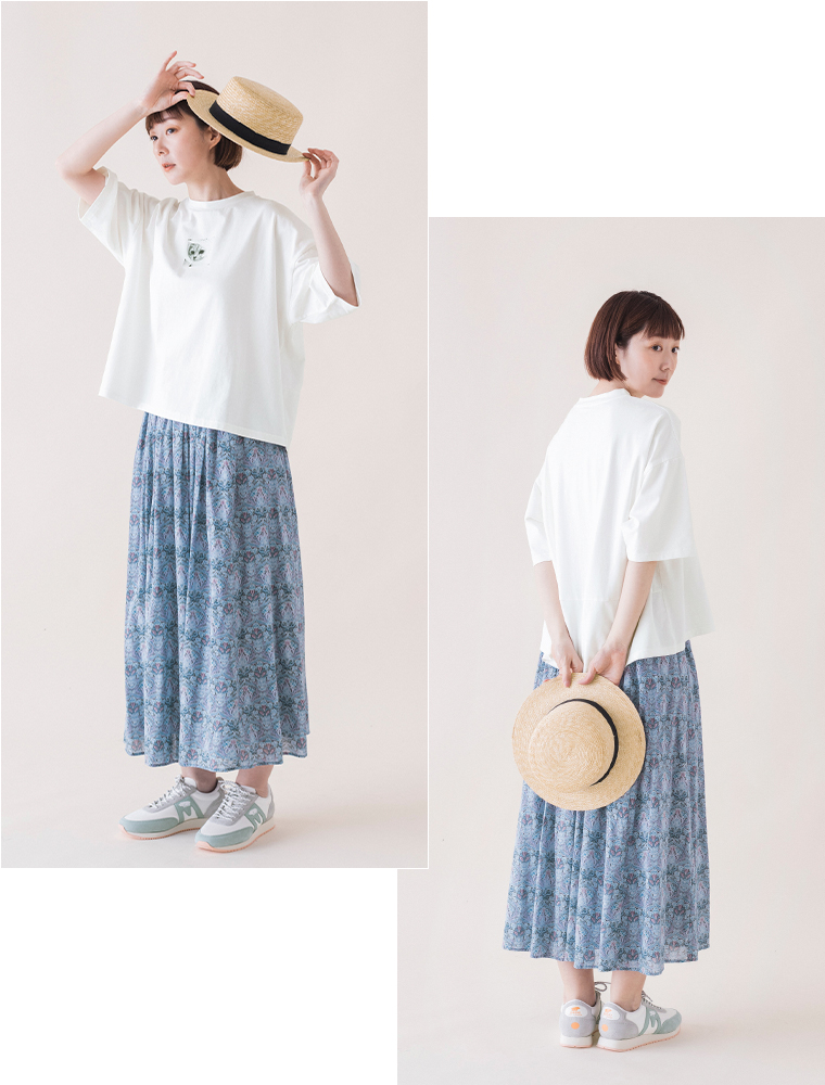 &yarn　ネコプリントTシャツ(オフホワイト)　全身前、後ろ