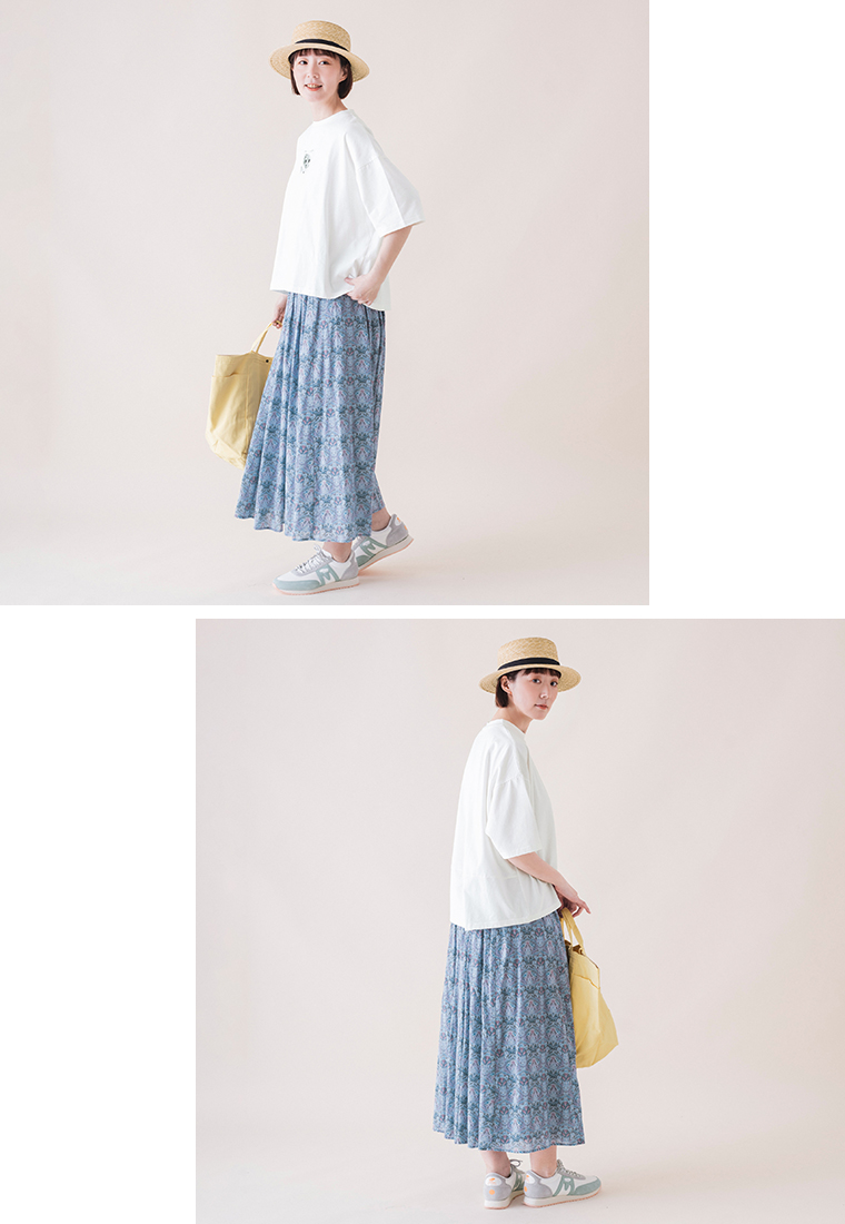 &yarn　ネコプリントTシャツ(オフホワイト)　全身前、横