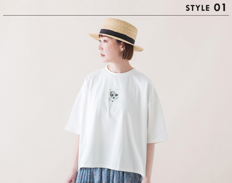 &yarn　ネコプリントTシャツ(オフホワイト)の着こなし
