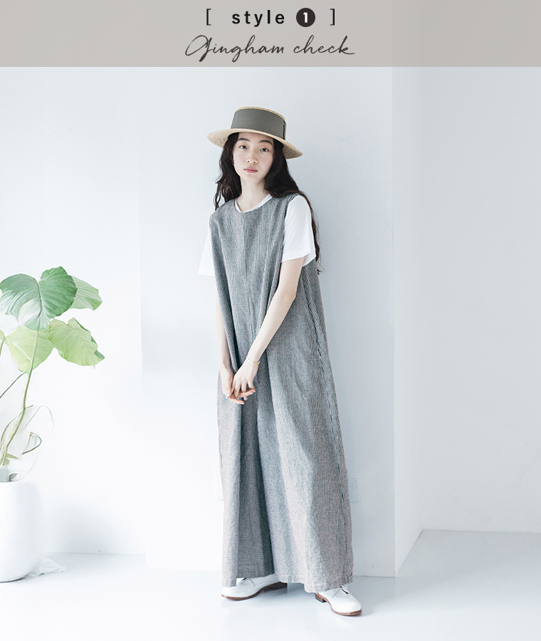 Bliss bunch　リネンコットン ワイドサロペットパンツ　ギンガムチェックの着こなし
