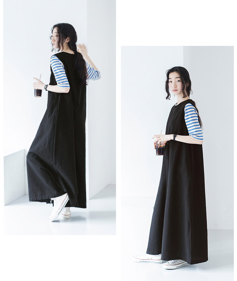 Bliss bunch　リネンコットン ワイドサロペットパンツ　ブラック　横のシルエット　Aライン