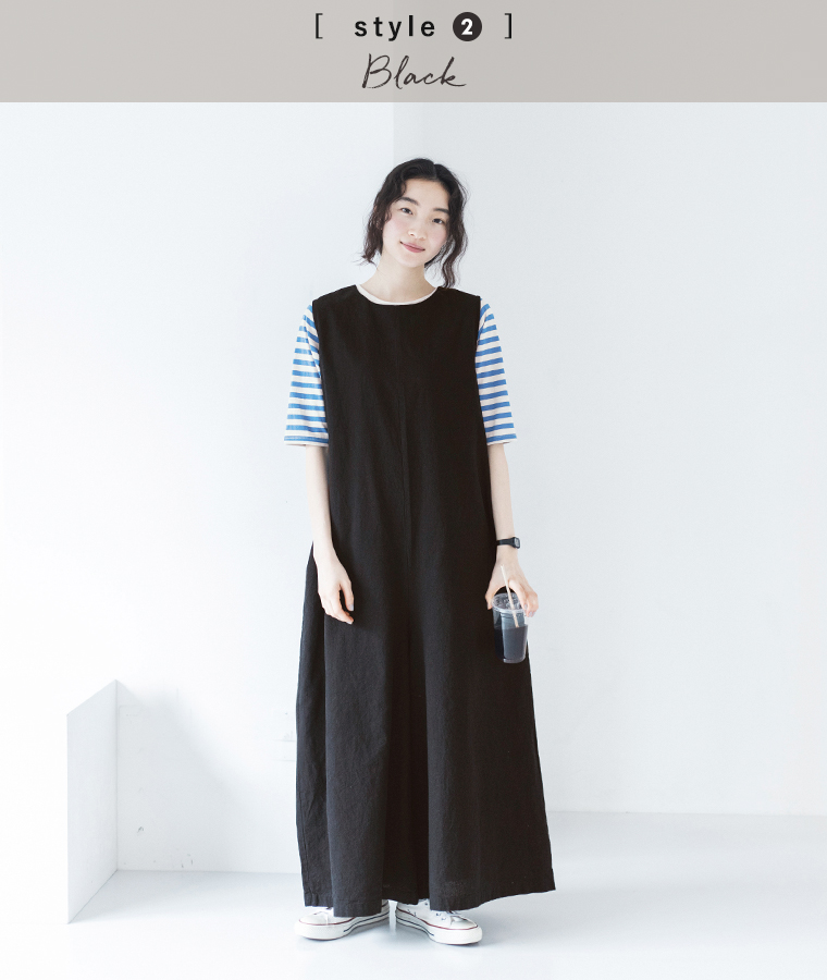 	Bliss bunch　リネンコットン ワイドサロペットパンツ　ブラックの着こなし