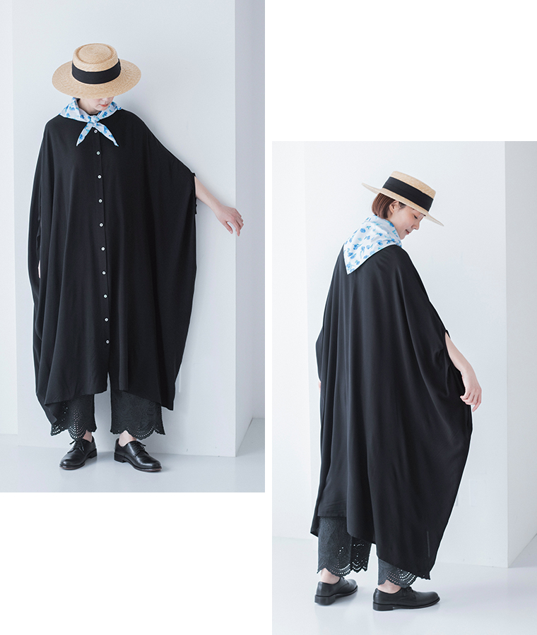 レーヨンゆったりワンピース(B・ブラック)とコットンリネン スカラップパンツ(ブラック)のコーディネート &yarn(アンドヤーン)