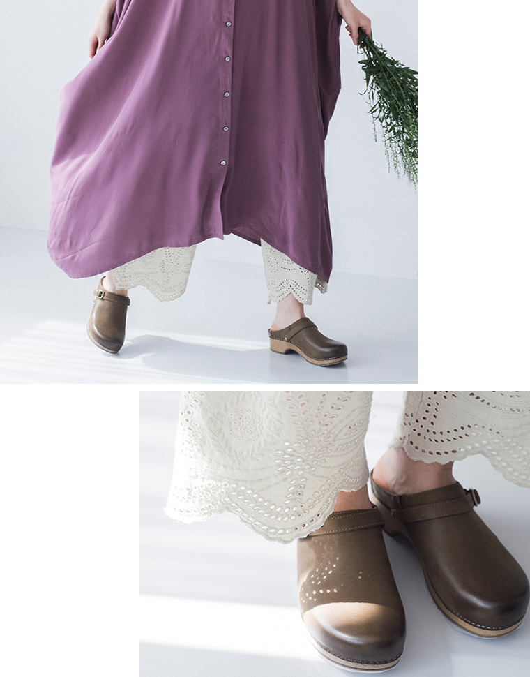 レーヨンゆったりワンピース(A・パープル)とコットンリネン スカラップパンツ(A・ベージュ)のコーディネート &yarn(アンドヤーン)