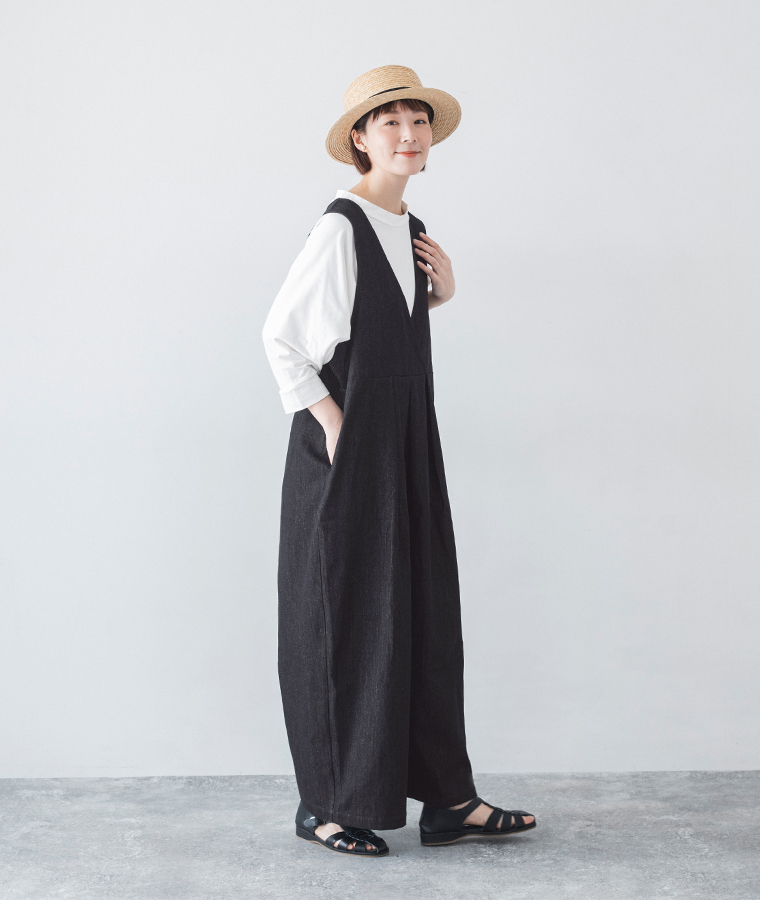 Lintu Laulu リネンコットン2WAYサロペット インディゴ サイドカット