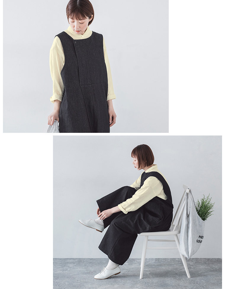Lintu Laulu リネンコットン2WAYサロペット インディゴ シャツの着こなし サイドカット