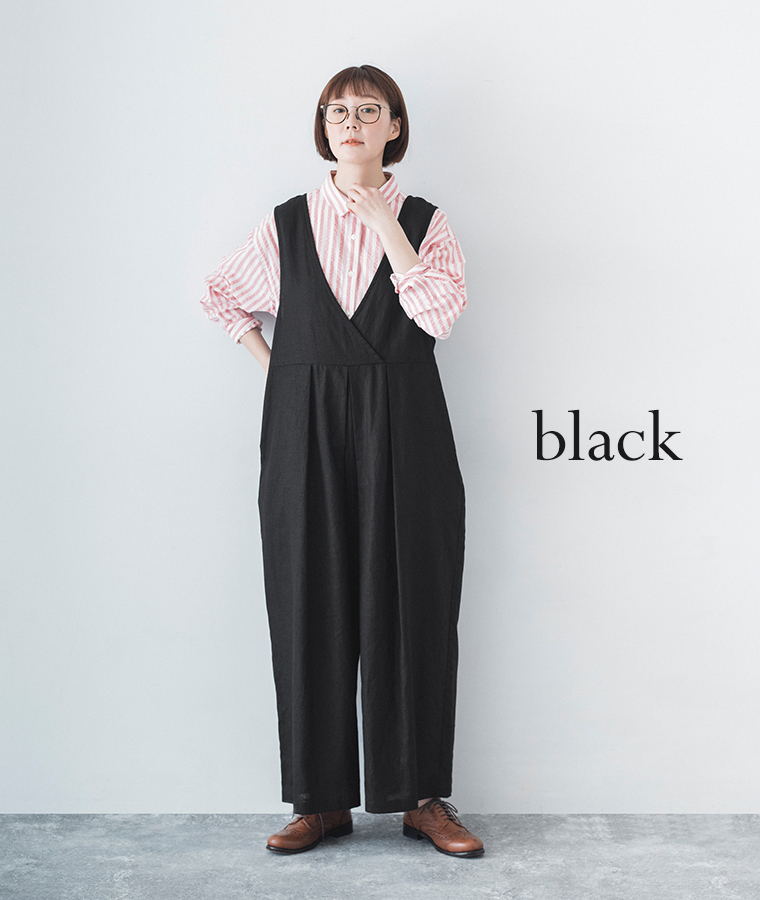 Lintu Laulu リネンコットン2WAYサロペット ブラック