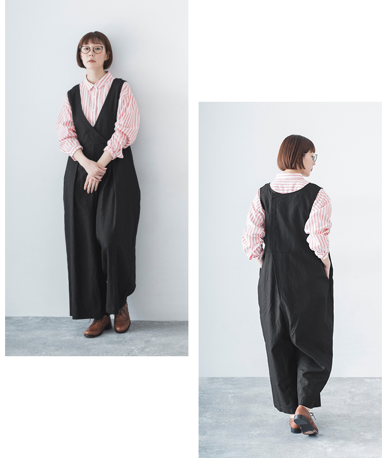 Lintu Laulu リネンコットン2WAYサロペット ブラック バックカット