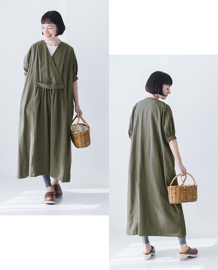 【&yarn】5分袖カシュクール風ワンピース＜カーキ＞／正面・後ろ全身カット