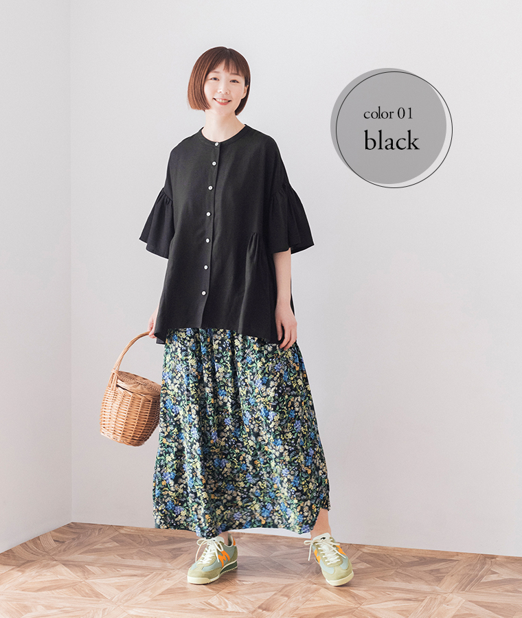 &yarn レーヨンリネンサイドギャザーブラウス ブラック
