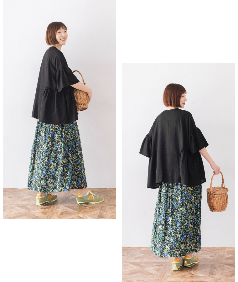 &yarn レーヨンリネンサイドギャザーブラウス ブラック サイドカットとバックカット