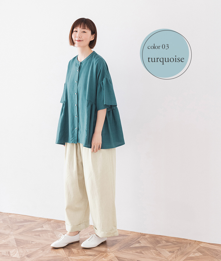 &yarn レーヨンリネンサイドギャザーブラウス ターコイズ