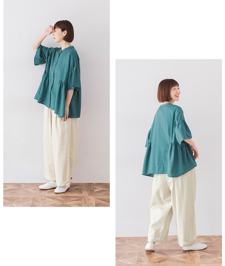 &yarn レーヨンリネンサイドギャザーブラウス ターコイズ サイドカットとバックカット