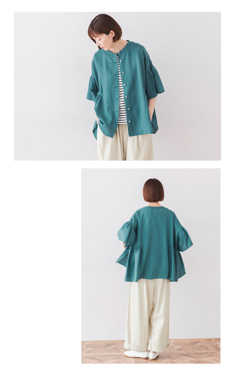 &yarn レーヨンリネンサイドギャザーブラウス ターコイズ 上半身寄りとバック全身