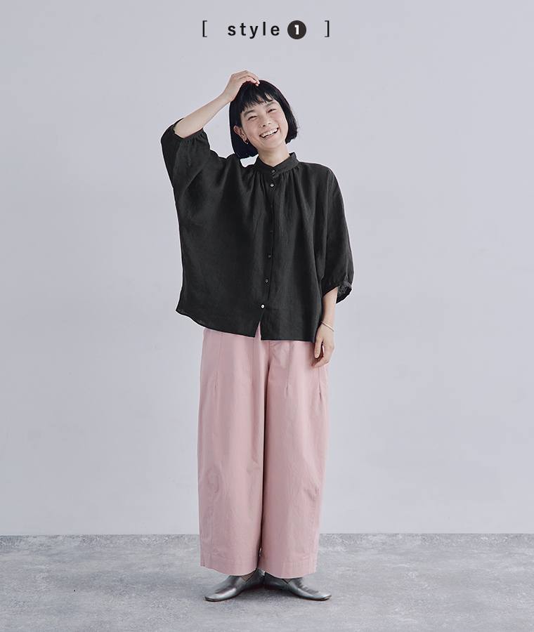 Bliss bunch　コットンツイルすっきりワイドパンツ　ピンクの着こなし