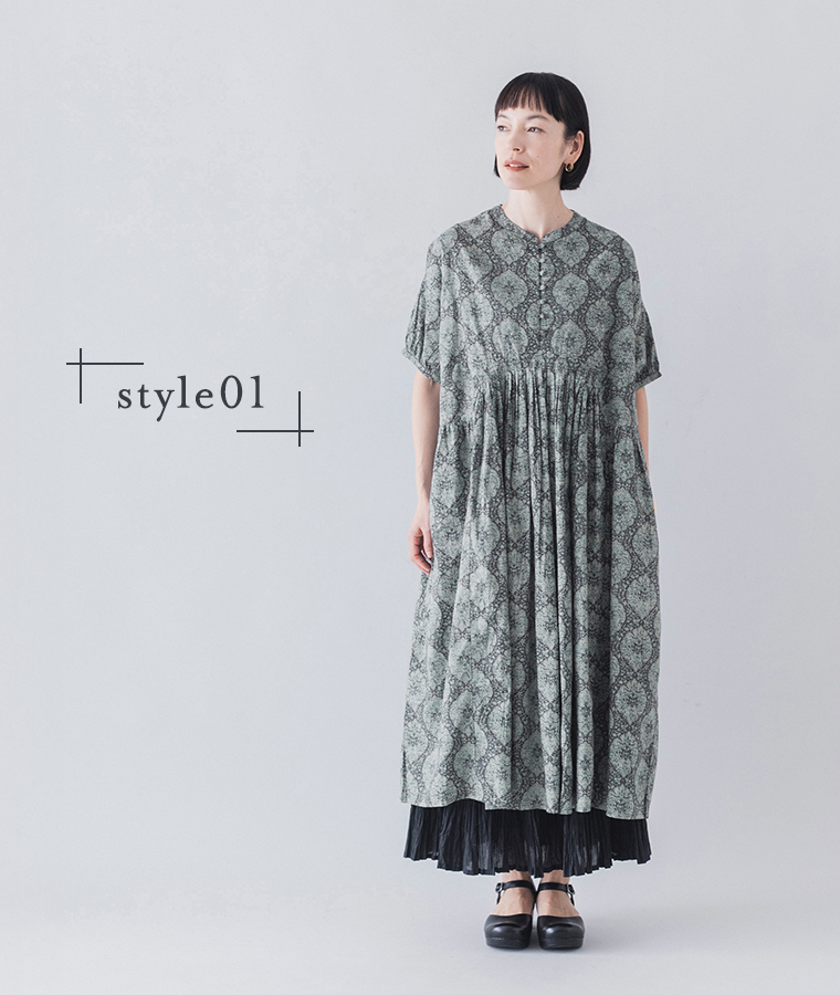 LUPILIEN by natulan 【別注】オリエンタル柄くるみボタンワンピース 全身