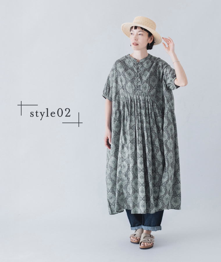 LUPILIEN by natulan 【別注】オリエンタル柄くるみボタンワンピース アレンジスタイル