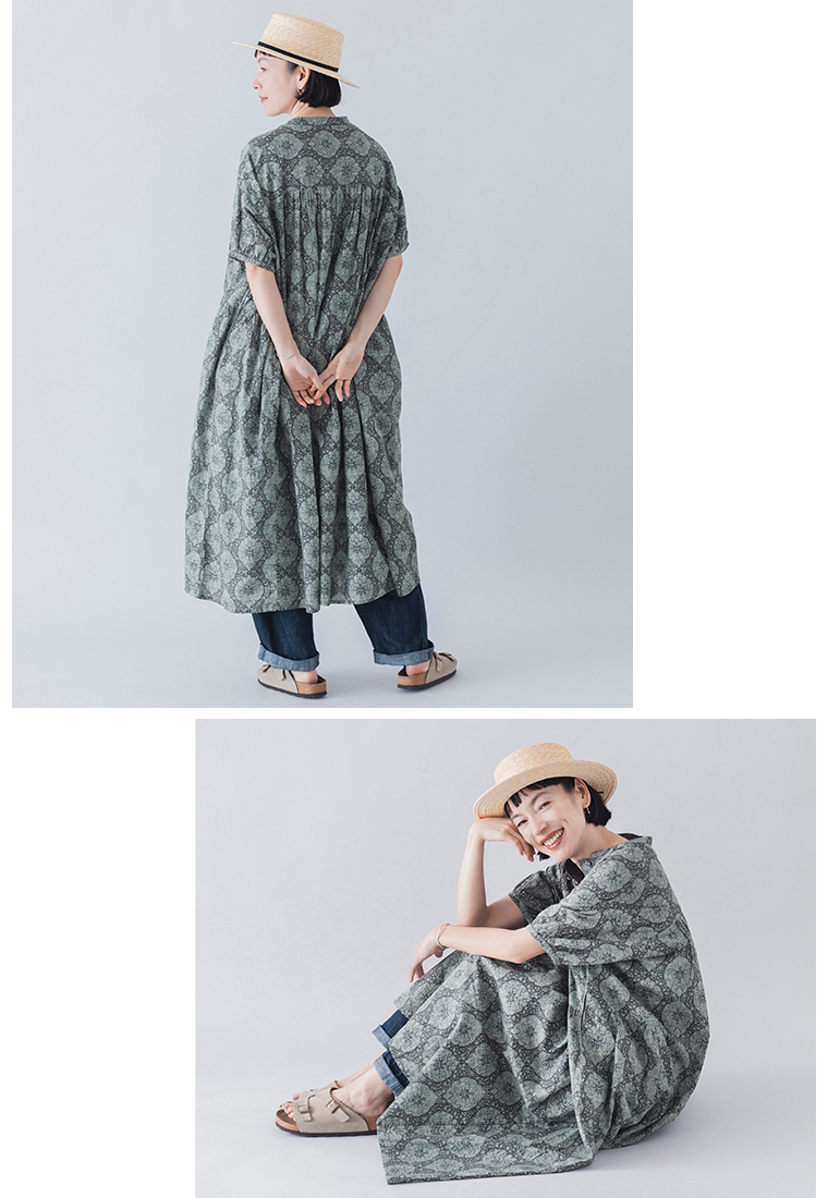 LUPILIEN by natulan 【別注】オリエンタル柄くるみボタンワンピース アレンジスタイル バックカットと座りカット