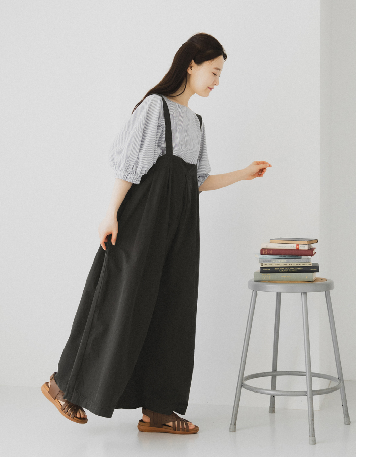 no jean コットンリネンタッチ袖口ギャザープルオーバー ブルー×アイボリー サイドカット