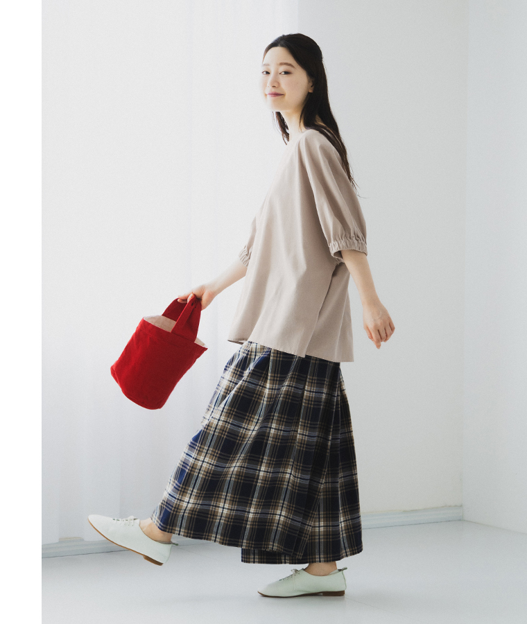 no jean コットンリネンタッチ袖口ギャザープルオーバー グレージュ サイドカット