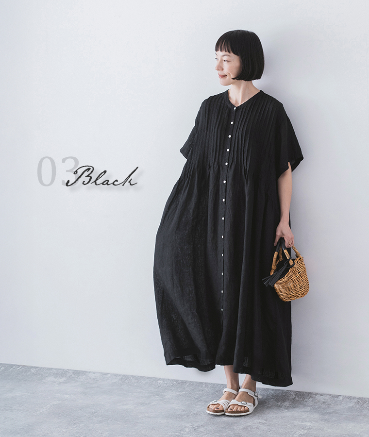 08Mab(ゼロハチマブ) 【別注】リネンシャンブレー前ピンタックワンピース ブラック