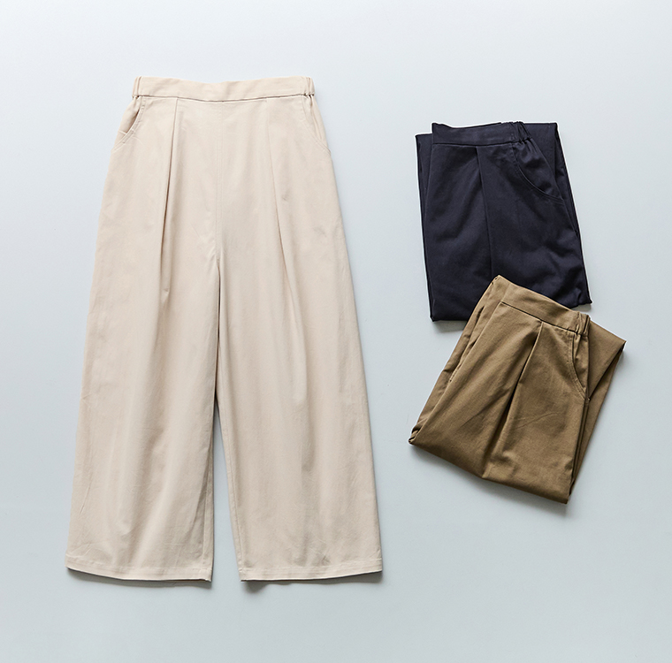 &yarnコットンツイルボリュームタックパンツの素材とカラー