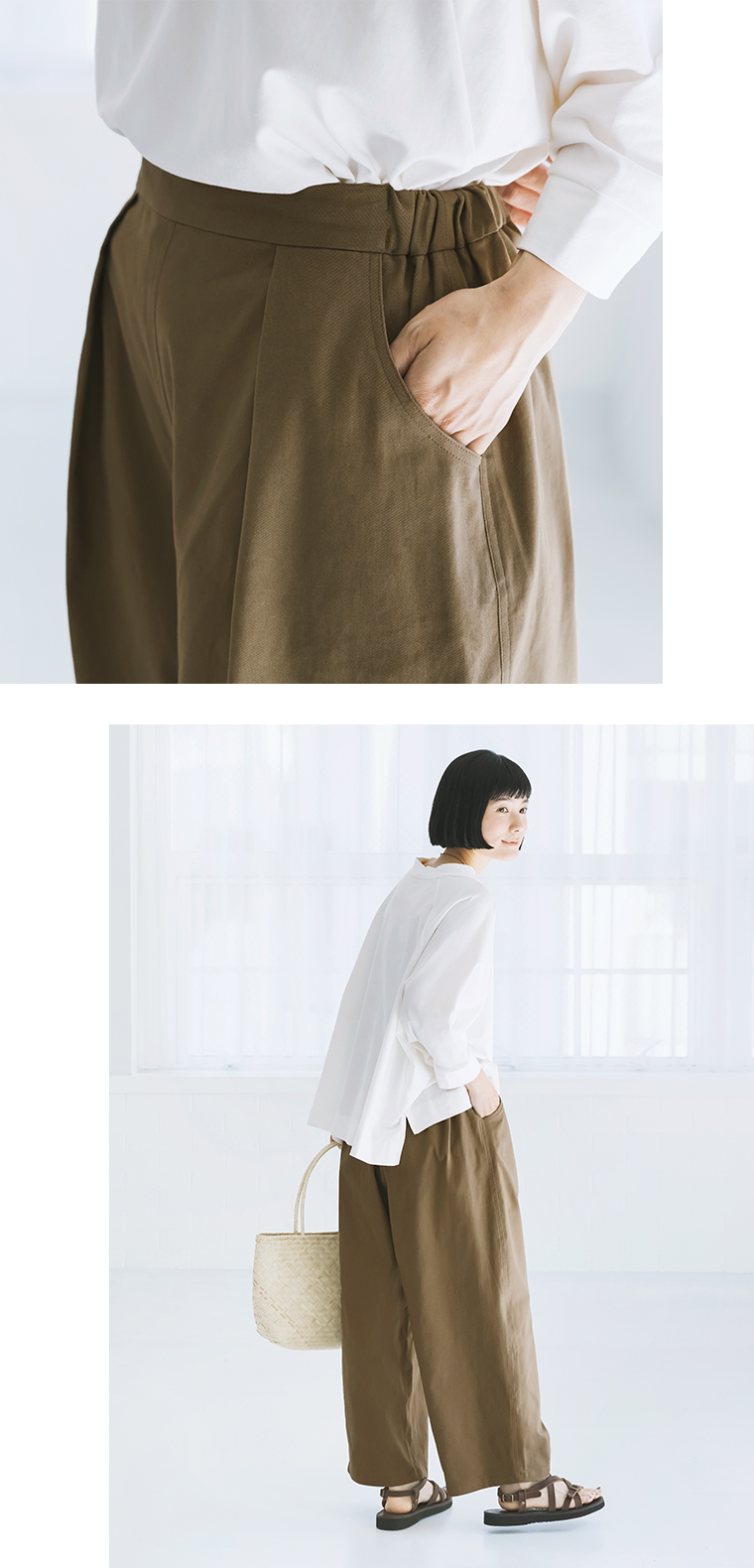 yarnコットンツイルボリュームタックパンツ(B・モカ)のギャザー