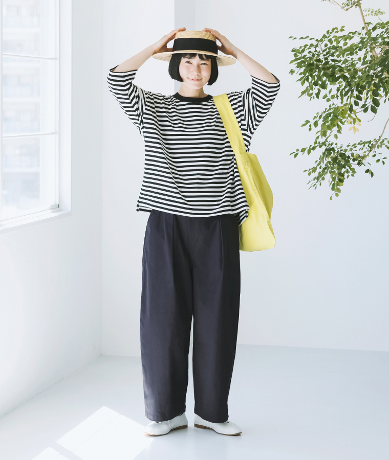 &yarn7分袖 ワイドプルオーバー(B・オフホワイト×ブラック)