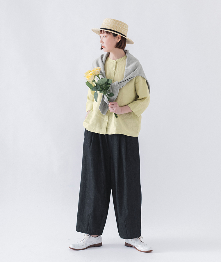 ICHI Antiquites リネンコットンギンガムウエスト切り替えギャザーワンピース(A・ピンク×ナチュラル)のシルエット