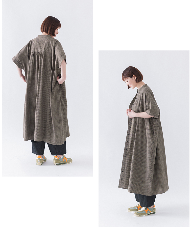 ICHI Antiquites リネンコットンギンガムウエスト切り替えギャザーワンピース(A・ピンク×ナチュラル)のコーディーネート