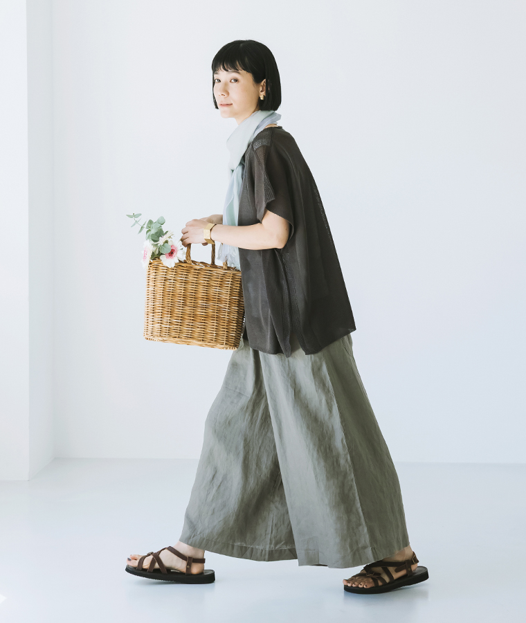 【Crea delice】 リネン ワイドパンツ(グレー) 全身