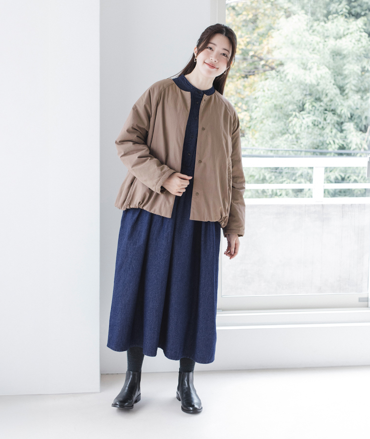 Lintu Laulu福袋中綿ショートコートとギャザー切り替えデニムワンピースのコーディネート