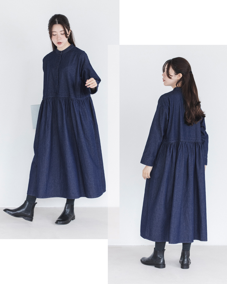 Lintu Laulu福袋ギャザー切り替えデニムワンピース全身前と後ろ