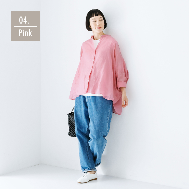 ichi リネンポプリンワイドシャツ　ピンクの着こなし