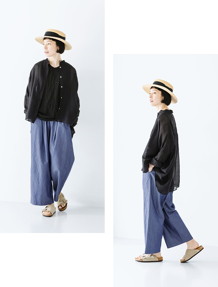 ichi リネンポプリンワイドシャツ　ブラック　全身前、横