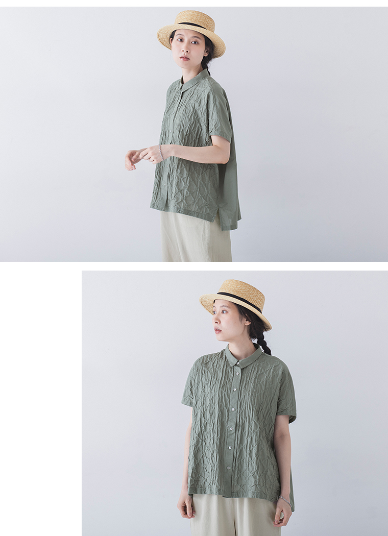 シュリンク刺繍シャツ 【LILASIC】カーキ 上半身寄り