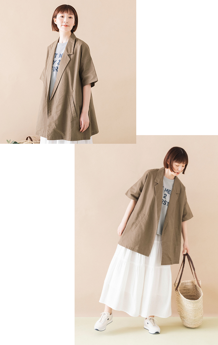 コットンリネンシャツジャケット 【&yarn】 style02ベージュ 全身＆上上半身寄り