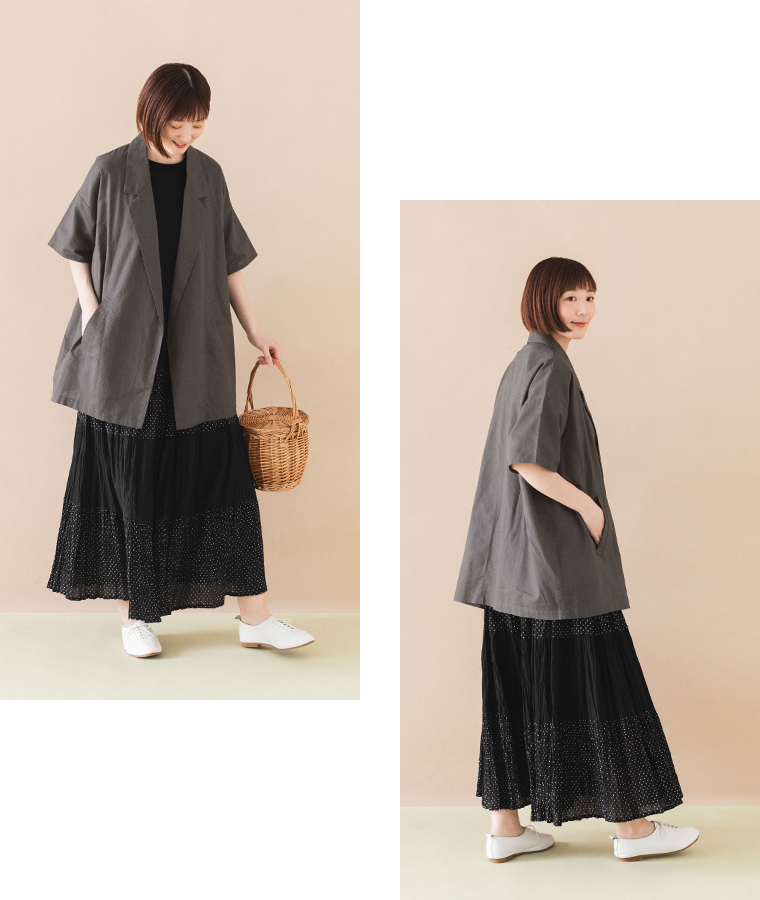 コットンリネンシャツジャケット 【&yarn】 style03グレー 全身＆バック