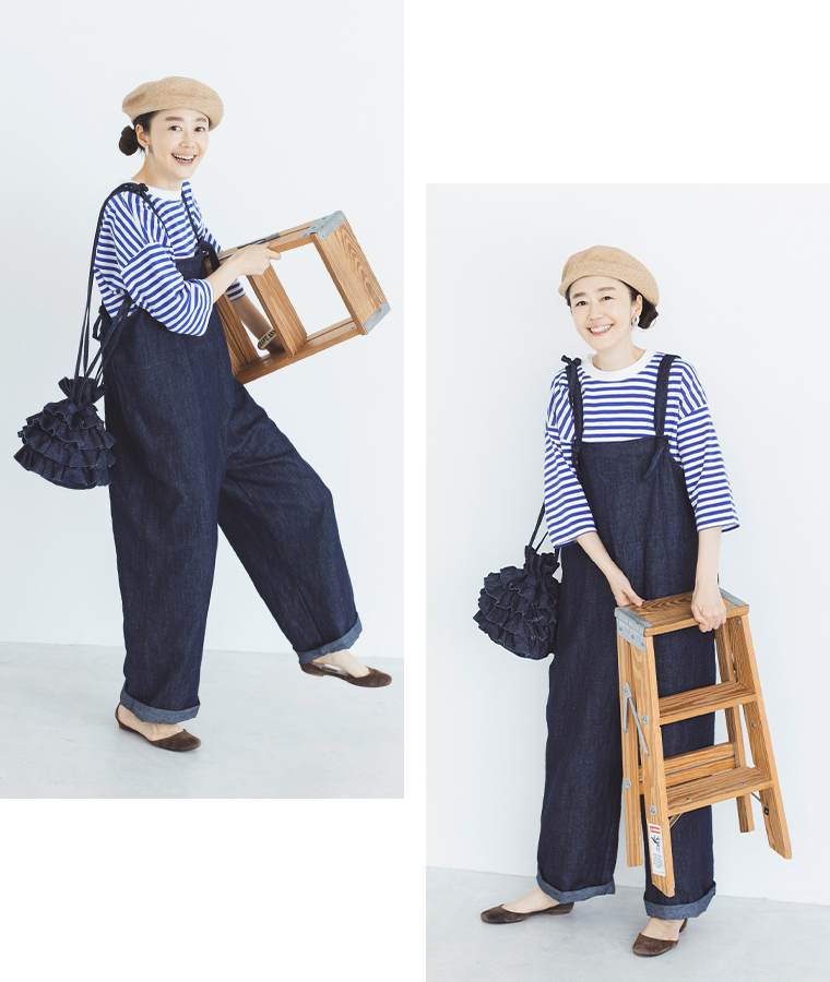 &yarn 滝口和代 マイフェイバリットデニムサロペット　ボーダーとの着こなし　前　横のシルエット