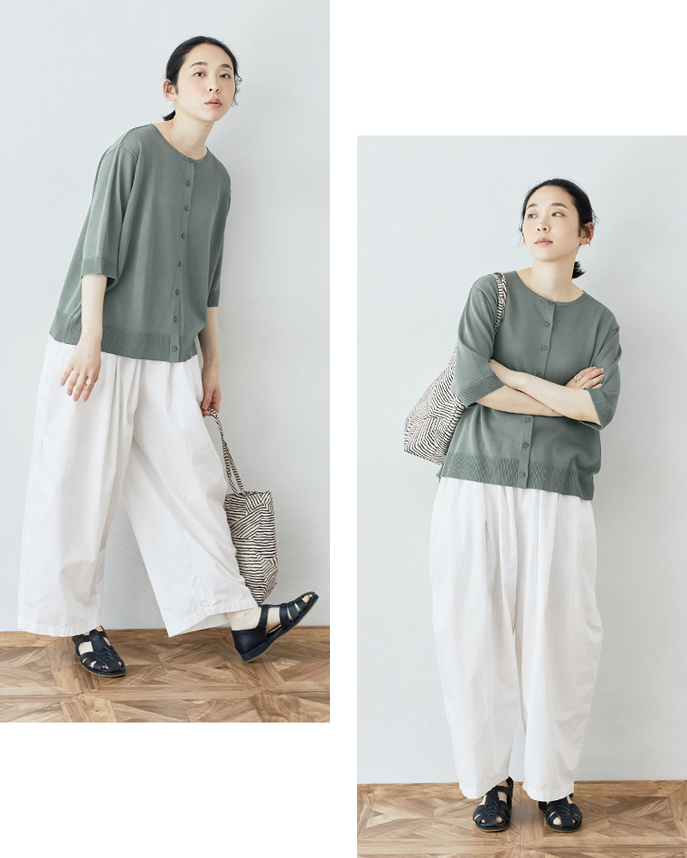 ＆yarn5分袖ニットカーディガン(B・グリーン)のシルエット