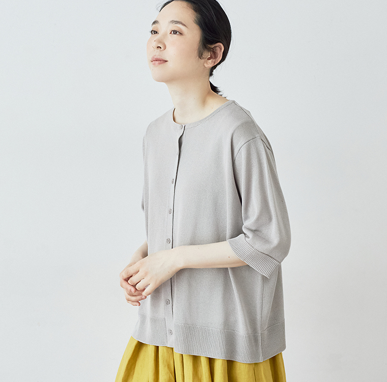 ＆yarn5分袖ニットカーディガン(A・グレー)のリブ